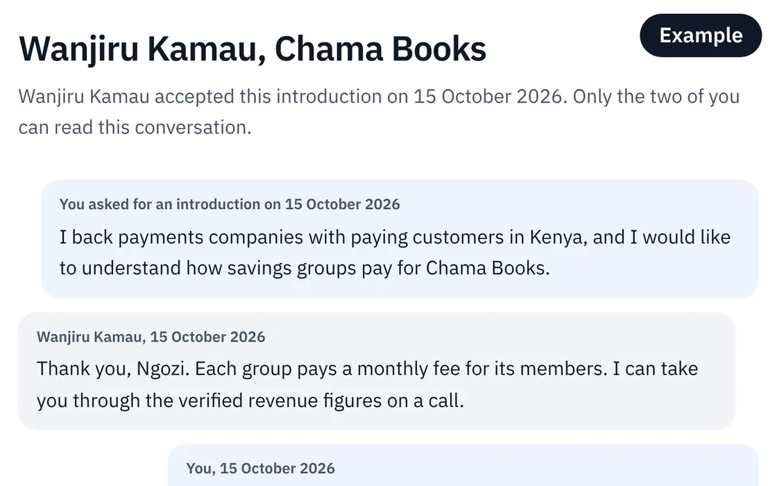 An accepted introduction in the IkonetU app between an example investor and the example founder of Chama Books, with the investor's note and two replies.