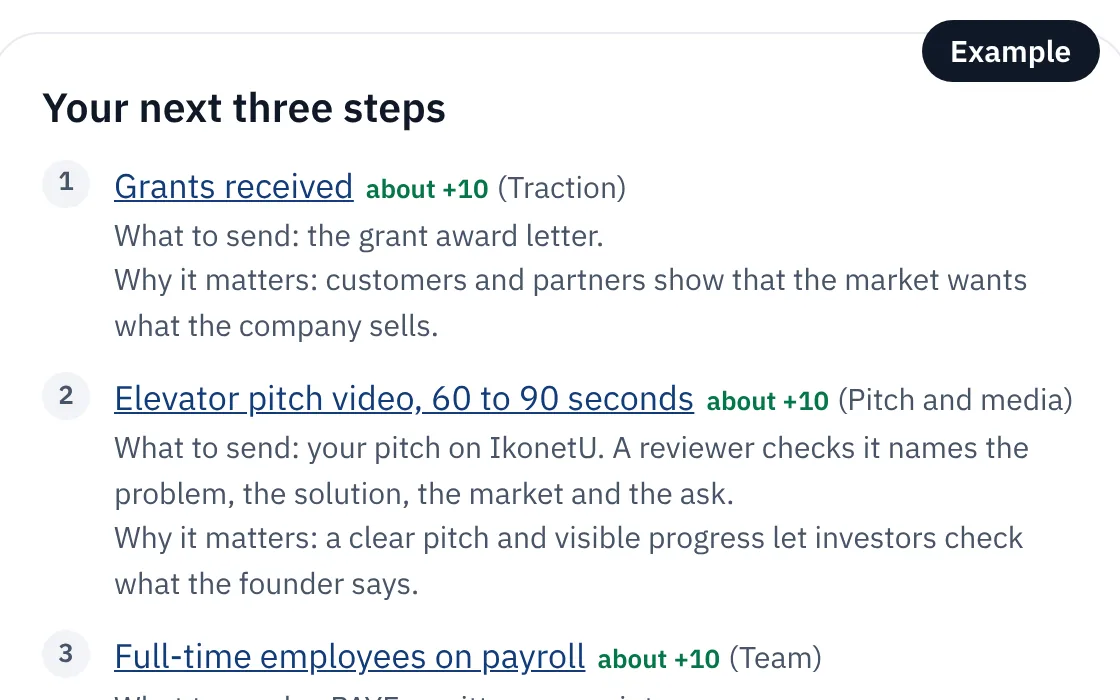 The next three steps on an example founder's dashboard in the IkonetU app, each with what to send and why it matters.