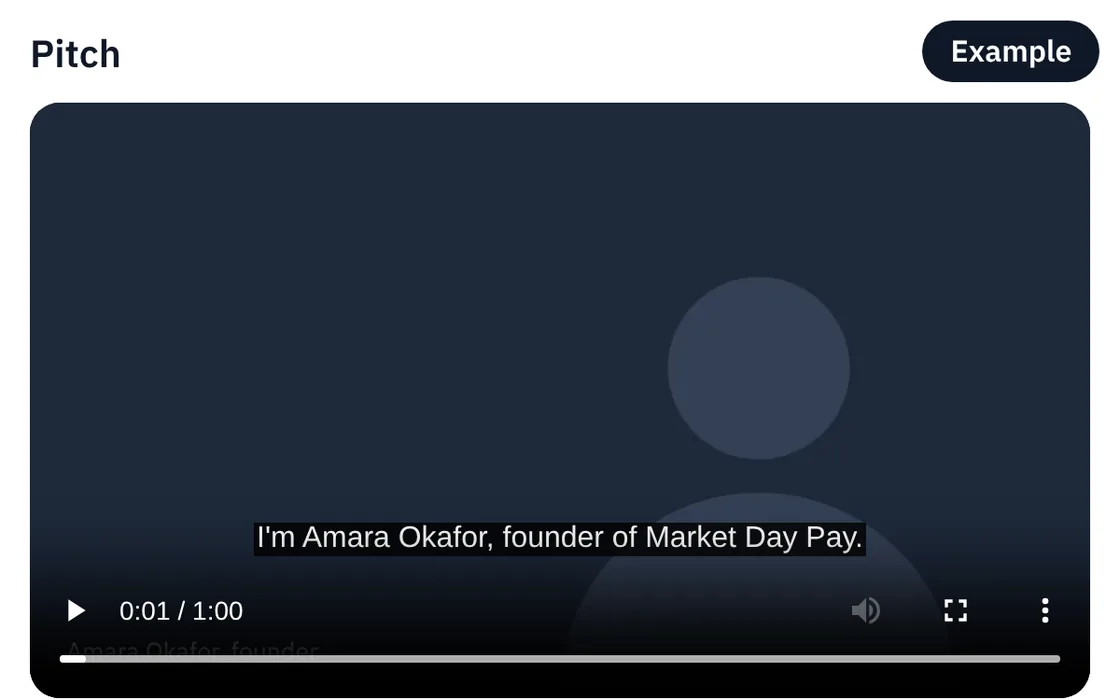 The pitch player on an example founder profile in the IkonetU app, paused at one second with the caption: I'm Amara Okafor, founder of Market Day Pay.